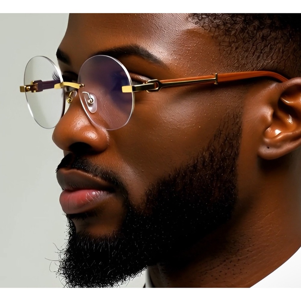 Rimless Round Eyeglasses Gold Accents Wood Grain Arms Men's Fashion Trendy Style